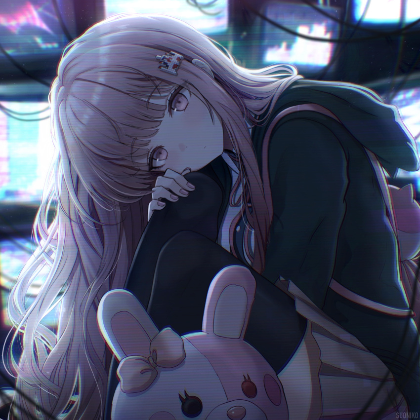 1girl, absurdres, alternate_hair_length, alternate_hairstyle, animal_bag, bangs, black_jacket, black_thighhighs