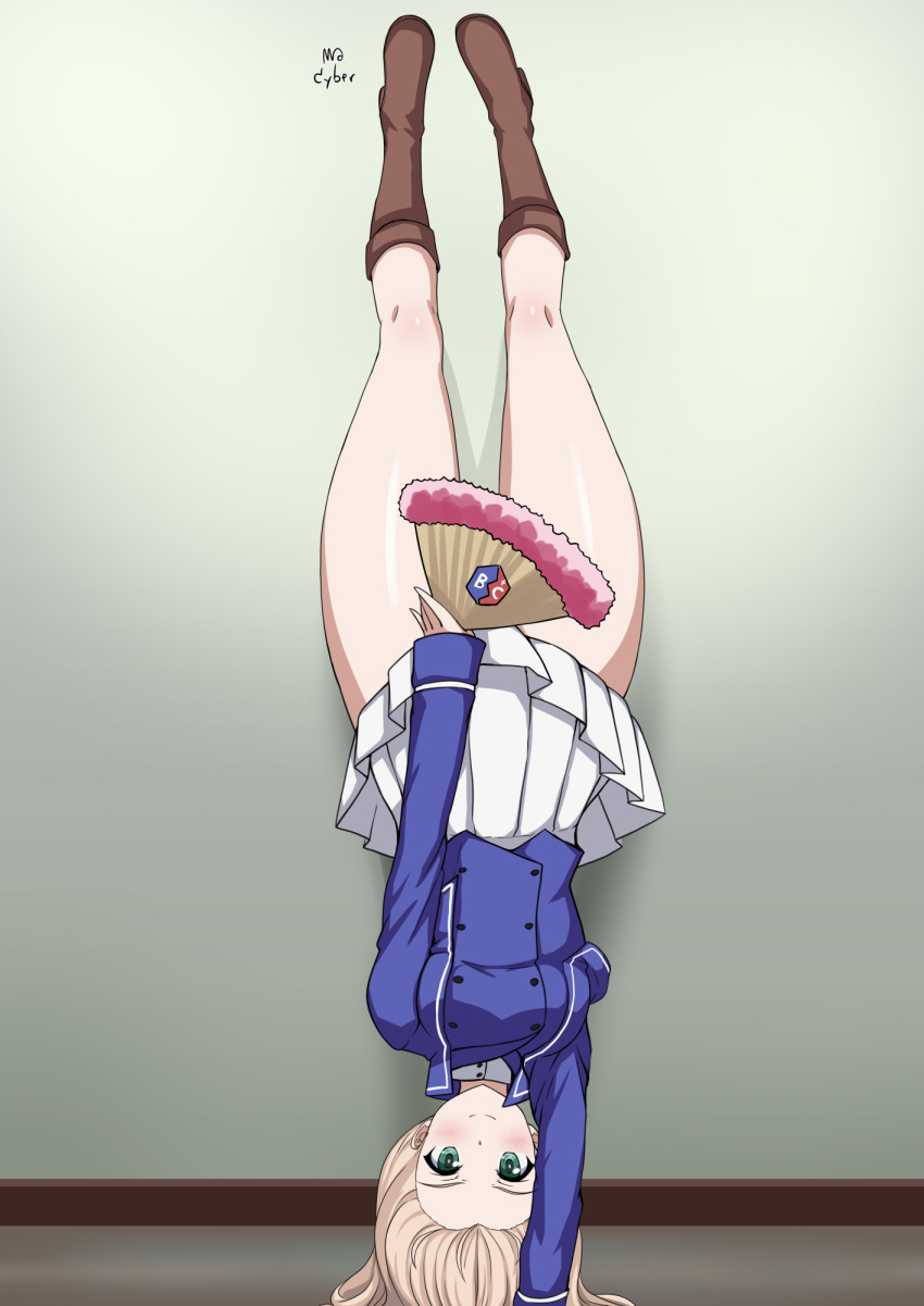 1girl, bc_freedom_military_uniform, blonde_hair, blush, boots, breasts, brown_footwear, closed_mouth