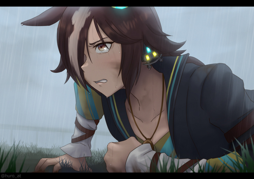 1girl, animal_ears, bangs, black_jacket, brown_eyes, brown_hair, dirty, dirty_clothes