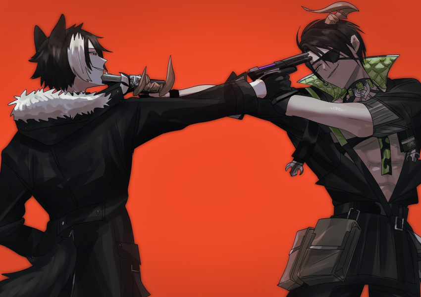 2boys, abs, animal_ears, aragami_oga, bangs, belt, belt_pouch, black_belt