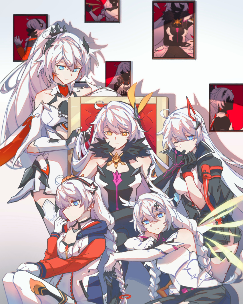 5girls, absurdres, ahoge, armor, bangs, bare_shoulders, black_gloves, black_jacket