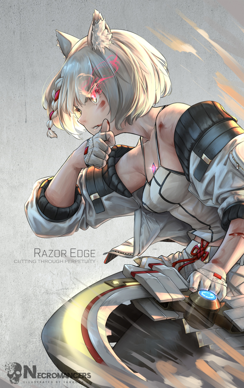 1girl, absurdres, animal_ears, blood, blood_on_face, braid, camisole, cat_ears