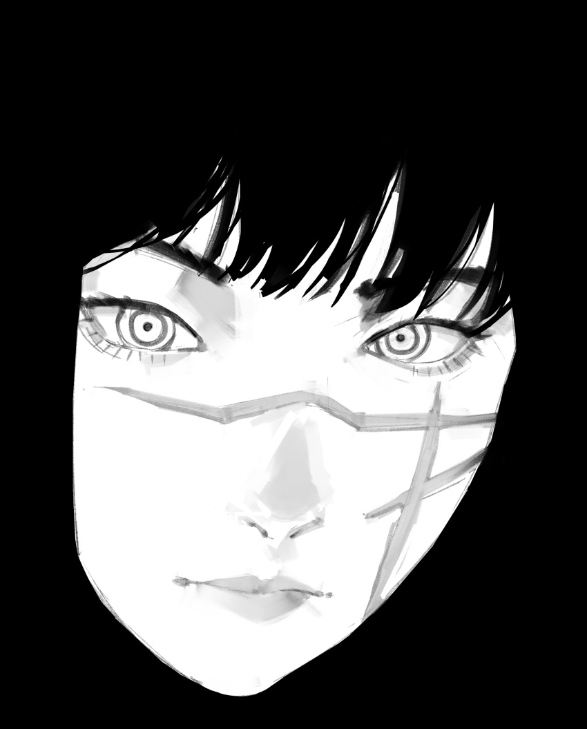1girl, absurdres, chainsaw_man, close-up, eyebrows_hidden_by_hair, eyelashes, greyscale, highres