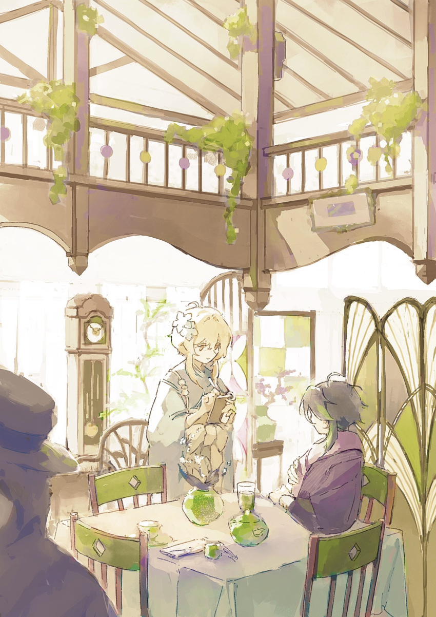 1boy, 1girl, 1other, black_hair, blonde_hair, blue_kimono, bow, chair