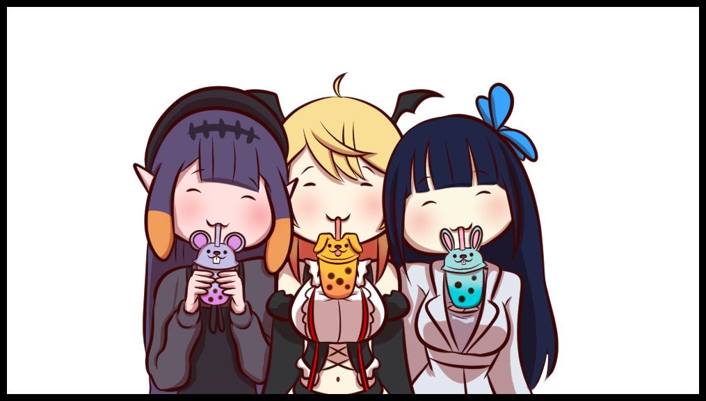 3girls, :3, ahoge, aoi_nabi, black_hair, blonde_hair, breasts, bubble_tea
