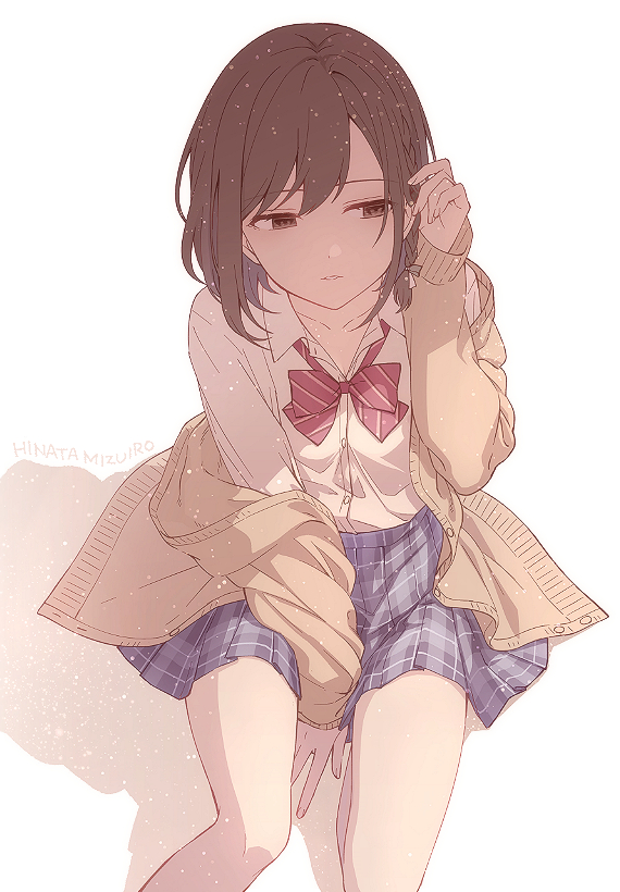 1girl, adjusting_hair, artist_name, bangs, between_legs, braid, brown_eyes, brown_hair