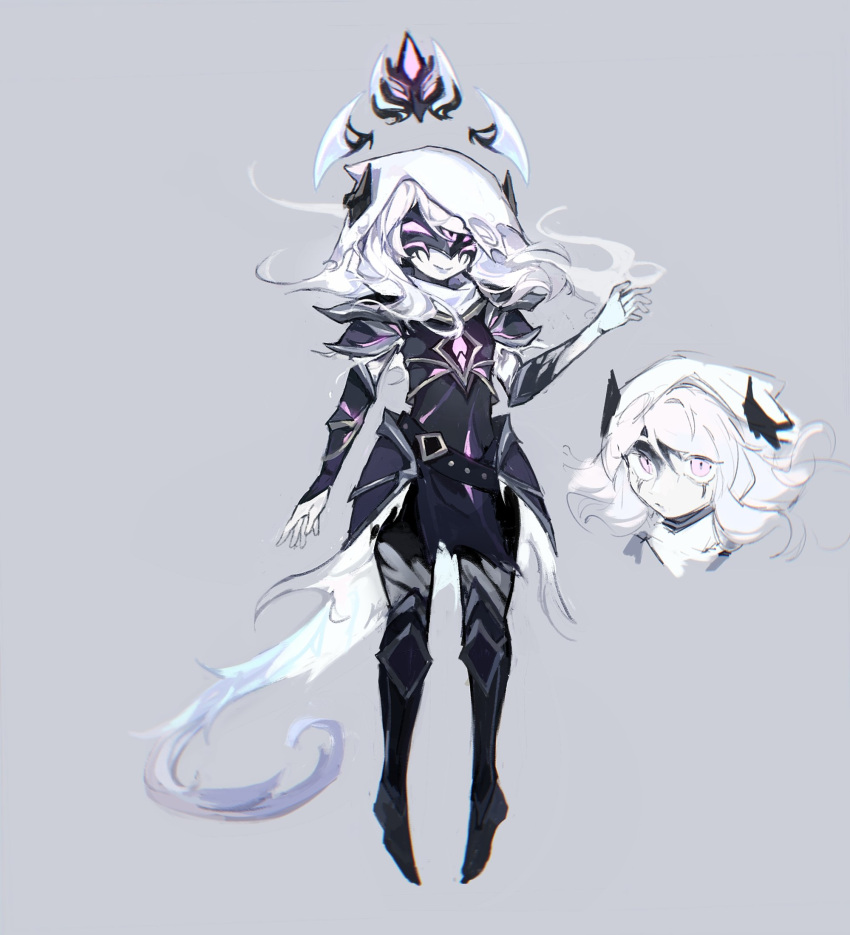 1girl, alternate_costume, armor, armored_boots, bangs, belt, black_belt, boots, cheese_(chisi64726930), crown, detached_sleeves, eye_mask, floating, floating_object, full_body, grey_background, grey_eyes, grey_hair, highres, hood, hood_up, horns, league_of_legends, long_hair, long_sleeves, multiple_views, neeko_(league_of_legends), simple_background, smile, very_long_hair, white_hair