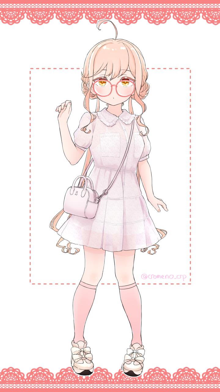 1girl, ahoge, alternate_costume, bag, commentary_request, double_bun, dress, full_body, hair_bun, highres, kantai_collection, kneehighs, looking_at_viewer, makigumo_(kancolle), makigumo_kai_ni_(kancolle), pink_dress, pink_hair, pink_socks, red-framed_eyewear, round_eyewear, shoes, short_sleeves, sneakers, socks, solo, someno_haru, standing, twintails