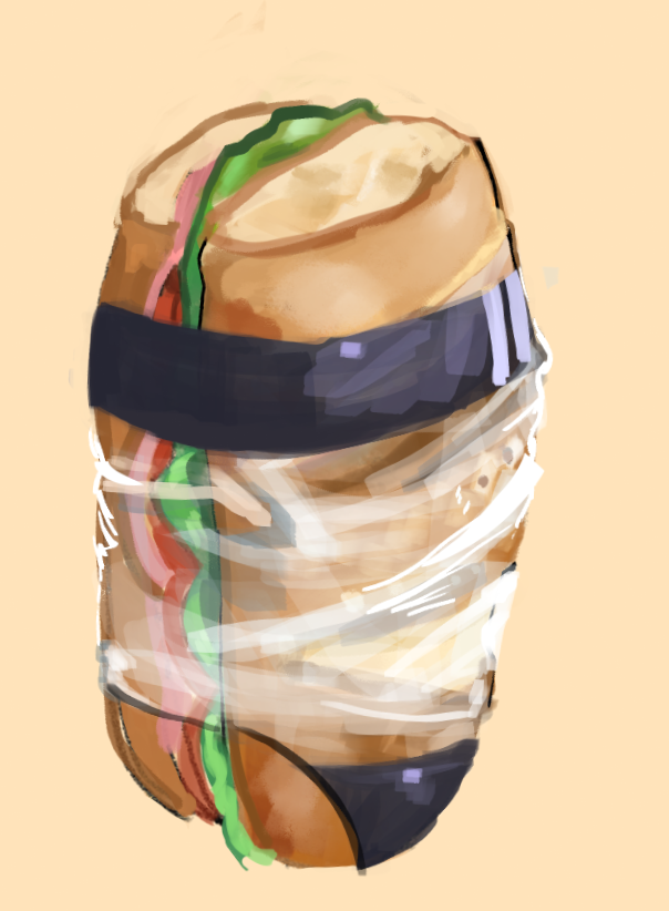 english_commentary, food, food_focus, gris_swimsuit, lunydoobles, meme_attire, no_humans, one-piece_swimsuit
