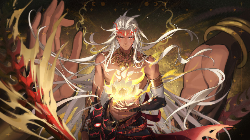 1boy, asura_(onmyoji), bangle, bangs, bare_shoulders, bracelet, bridal_gauntlets, chinese_commentary
