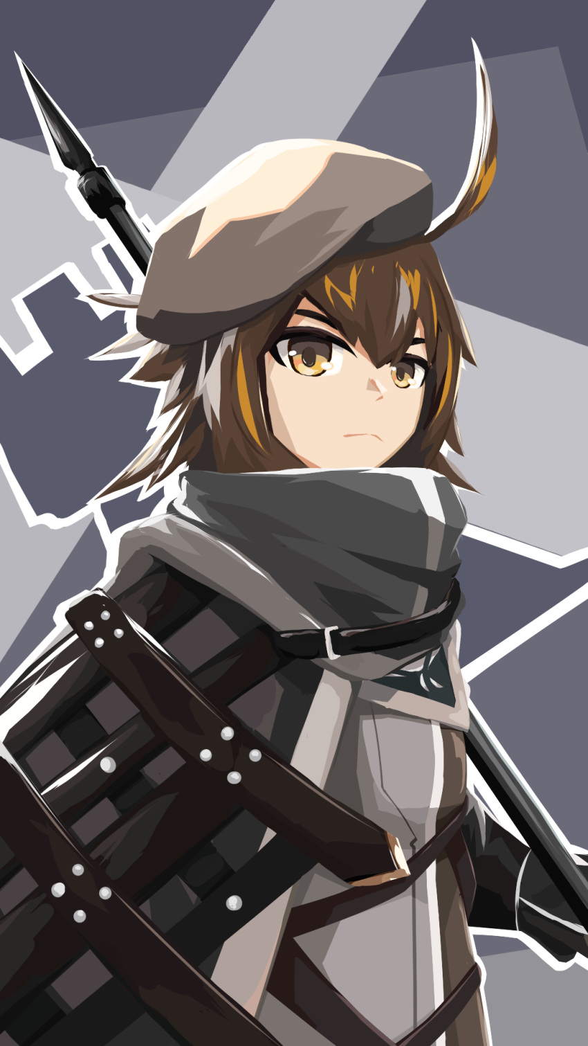 1girl, ahoge, arknights, bangs, beret, black_headwear, brown_hair, cloak, closed_mouth, hair_between_eyes, hat, highres, holding, holding_weapon, justyoki, looking_at_viewer, looking_to_the_side, multicolored_hair, orange_eyes, plume_(arknights), serious, solo, upper_body, weapon, white_hair