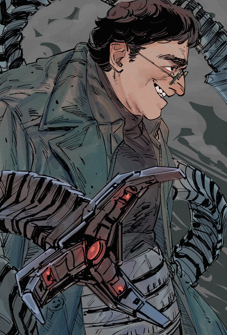 1boy, animification, black_eyes, black_shirt, doctor_octopus, from_side, gounetsu_c-sa_5, green_jacket