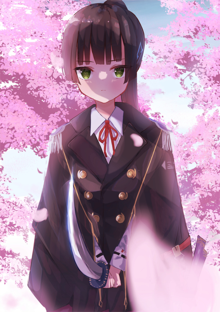 1girl, absurdres, black_hair, cherry_blossoms, day, green_eyes, hair_ornament, heaven_burns_red