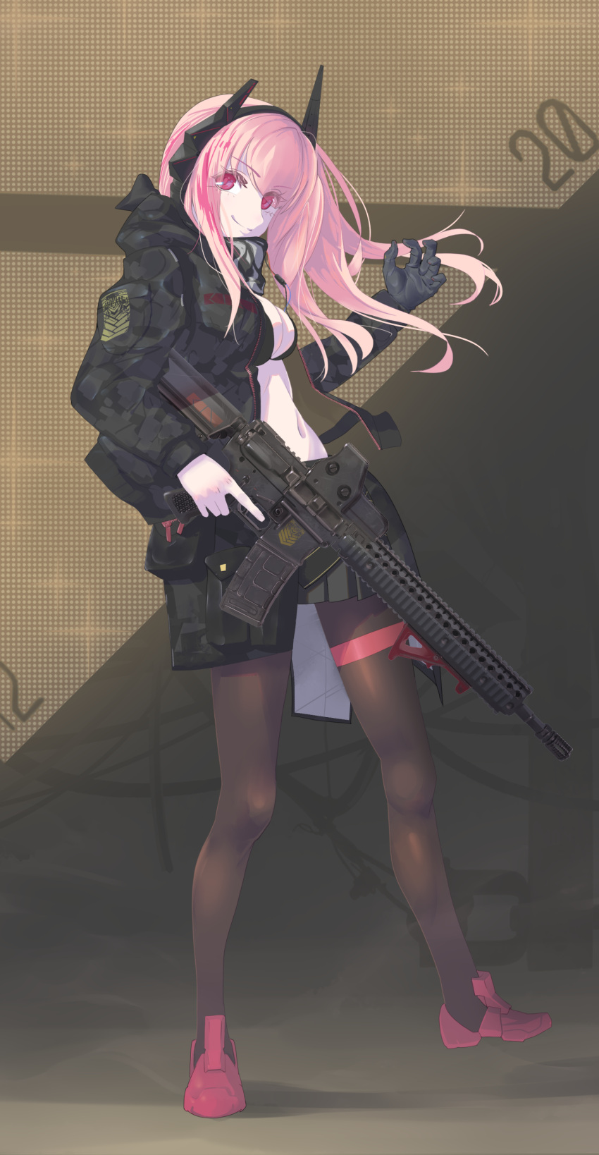 1girl, absurdres, assault_rifle, bangs, black_jacket, black_pantyhose, closed_mouth, commentary_request