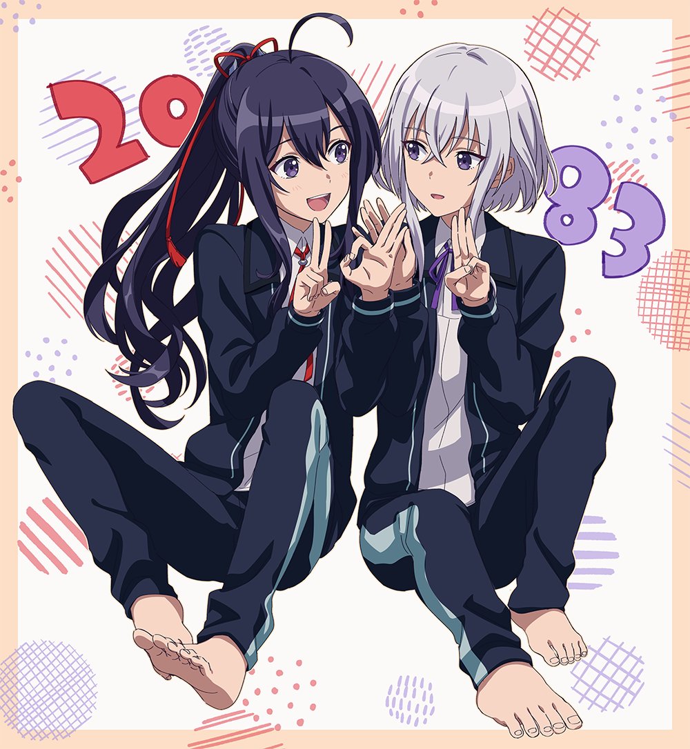 2boys, :d, ahoge, barefoot, black_hair, collared_shirt, high_ponytail, honebami_toushirou, honebami_toushirou_(kiwame), male_focus, matsuki_(mikipingpong), multiple_boys, namazuo_toushirou, namazuo_toushirou_(kiwame), pants, shirt, sitting, smile, touken_ranbu, track_pants, v, violet_eyes, white_hair