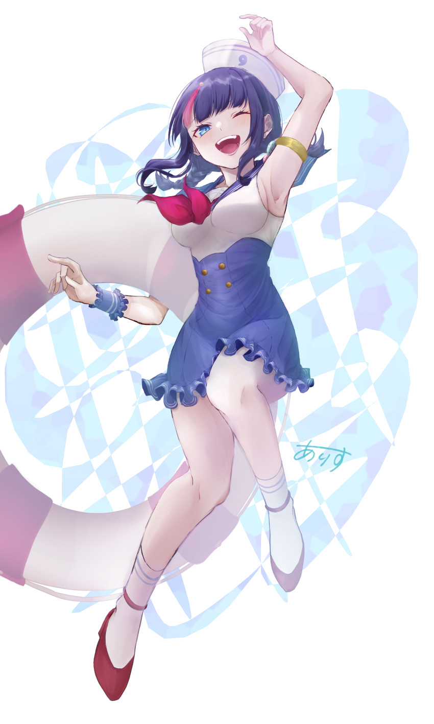 1girl, absurdres, alice_0331, arm_up, armlet, armpits, artist_name, black_hair, blue_eyes, breasts, dress, fate/grand_order, fate_(series), hat, highres, innertube, medium_breasts, one_eye_closed, sailor_dress, sailor_hat, single_wrist_cuff, utsumi_erice, utsumi_erice_(swimsuit_avenger)_(fate), utsumi_erice_(swimsuit_avenger)_(second_ascension), wrist_cuffs