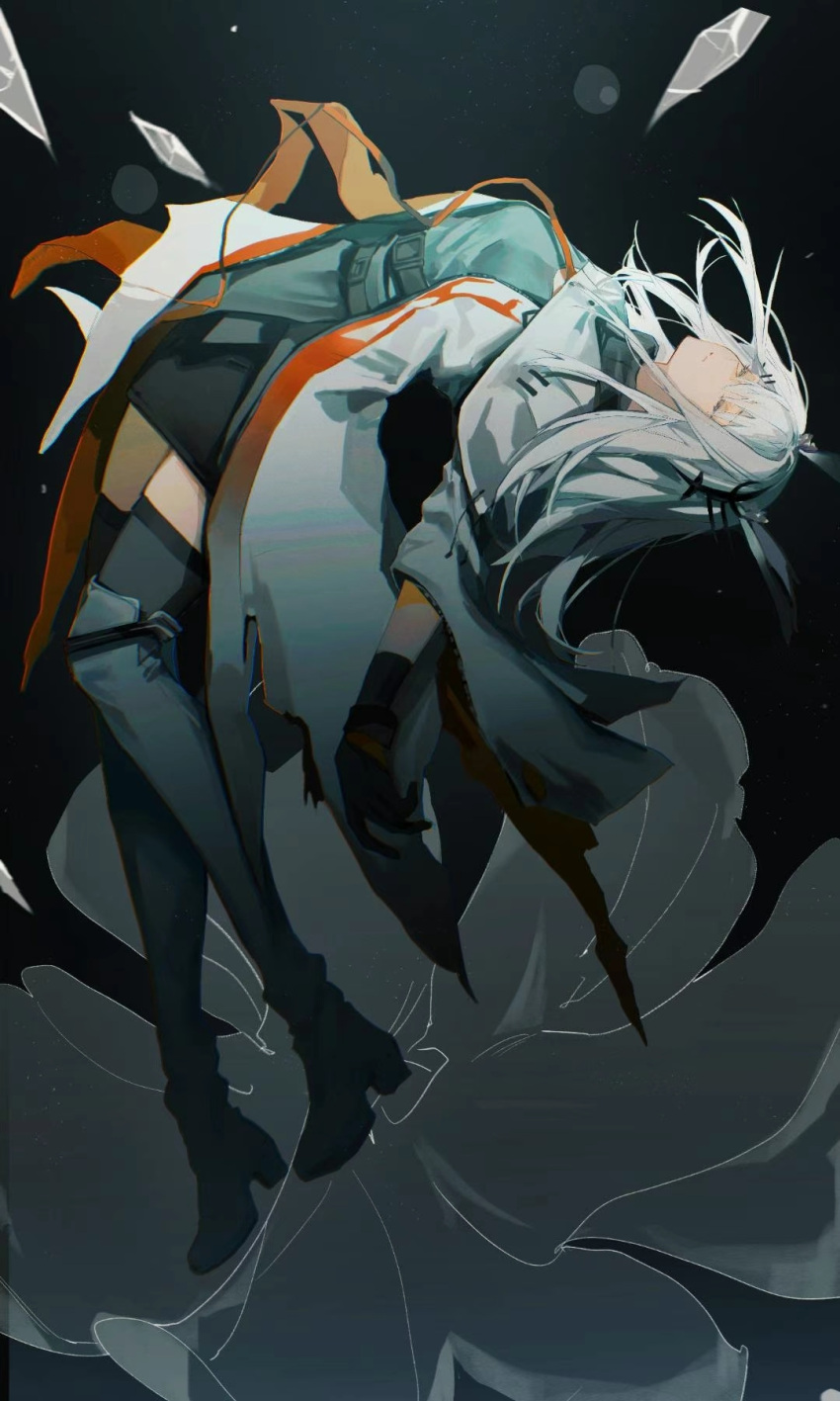 1girl, animal_ears, arched_back, arknights, belt, black_background, black_belt, black_footwear