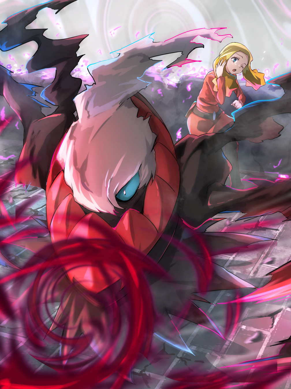 1girl, ;o, alice_(pokemon), belt, blonde_hair, blue_eyes, commentary_request, darkrai