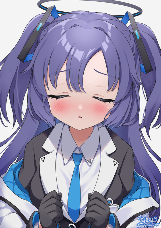 1girl, bangs, black_gloves, black_jacket, blue_archive, blue_hair, blue_necktie, blush