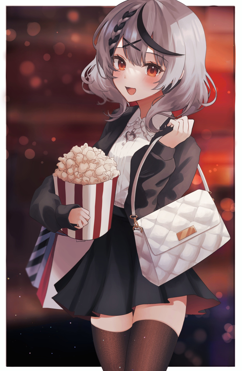 1girl, absurdres, bag, black_jacket, black_skirt, braid, casual, food