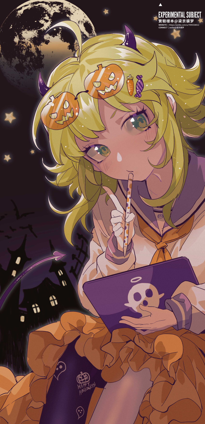 1girl, absurdres, ahoge, blush, candy_hair_ornament, carrot_hair_ornament, closed_mouth, demon_girl, demon_tail, eyewear_on_head, food-themed_hair_ornament, frilled_skirt, frills, green_eyes, green_hair, gumi, hair_ornament, halloween, halloween_costume, highres, holding, holding_pencil, horns, jack-o'-lantern_eyewear, liangjing, long_sleeves, neckerchief, orange_neckerchief, orange_skirt, pencil, pencil_to_face, sailor_collar, sailor_shirt, shirt, short_hair, short_hair_with_long_locks, single_leg_pantyhose, skirt, solo, star_(symbol), tail, vocaloid