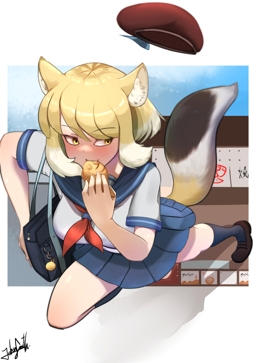 1girl, absurdres, alternate_costume, animal_ear_fluff, animal_ears, bag, beret, blonde_hair