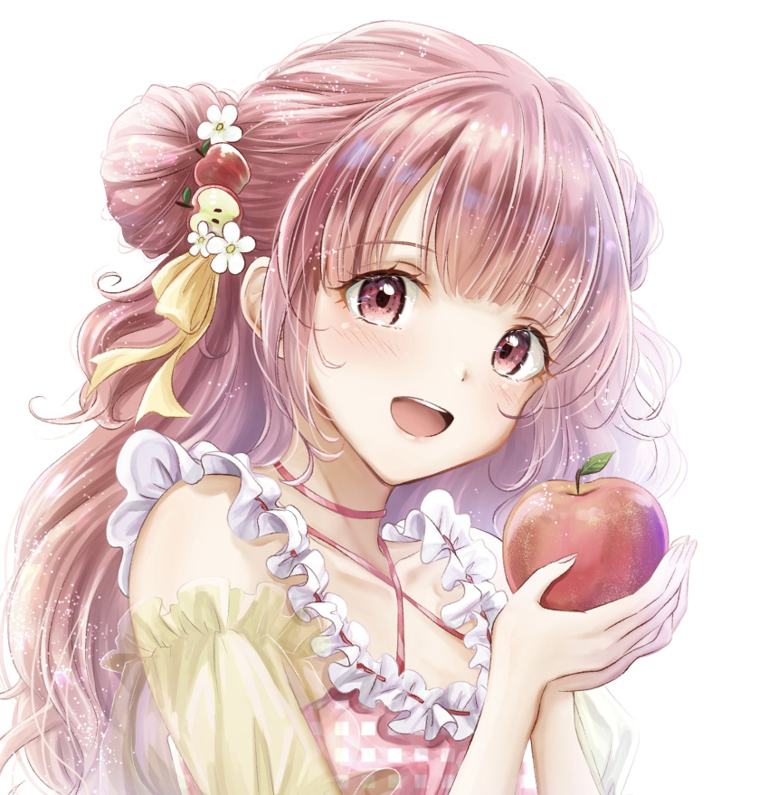 1girl, apple, bangs, baumku_techen, blush, braid, brown_eyes, brown_hair