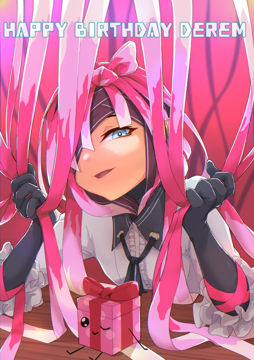 1girl, absurdres, belt, black_gloves, blue_eyes, collared_shirt, derem_kado, flat_chest