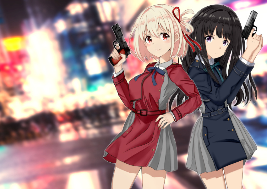 2girls, absurdres, back-to-back, bangs, belt, black_hair, blonde_hair, blue_belt