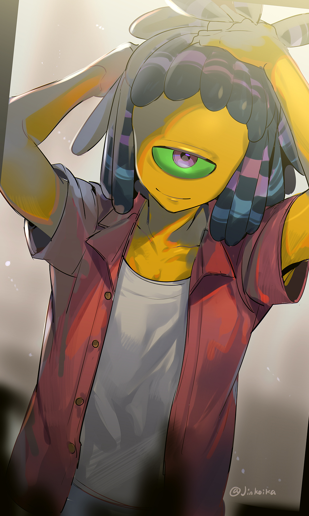 1boy, adjusting_hair, collarbone, colored_sclera, colored_skin, green_sclera, hand_in_own_hair, highres