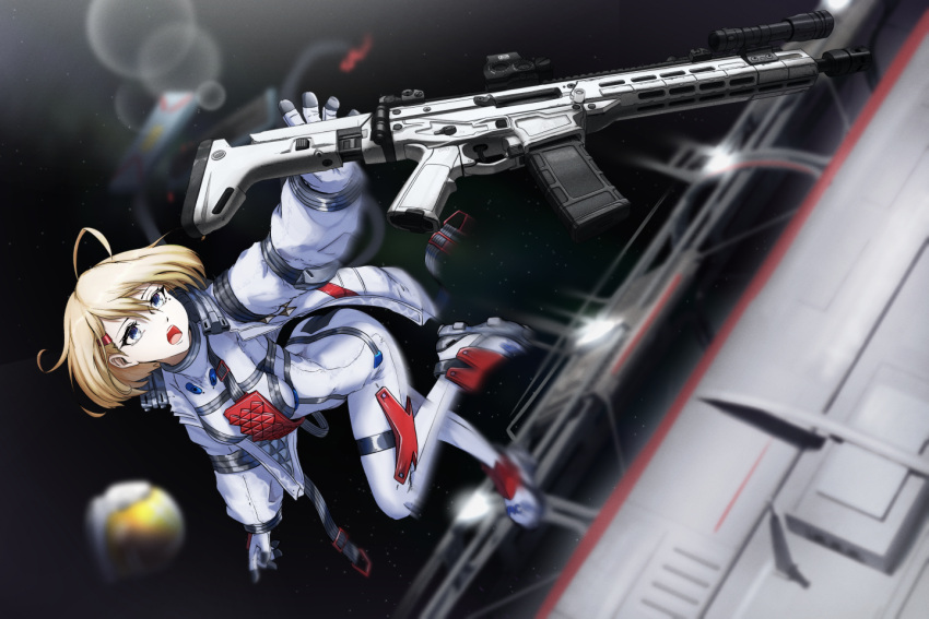 1girl, acr_(girls'_frontline), acr_(search_in_the_stars)_(girls'_frontline), ahoge, assault_rifle, astronaut, blonde_hair, blue_eyes