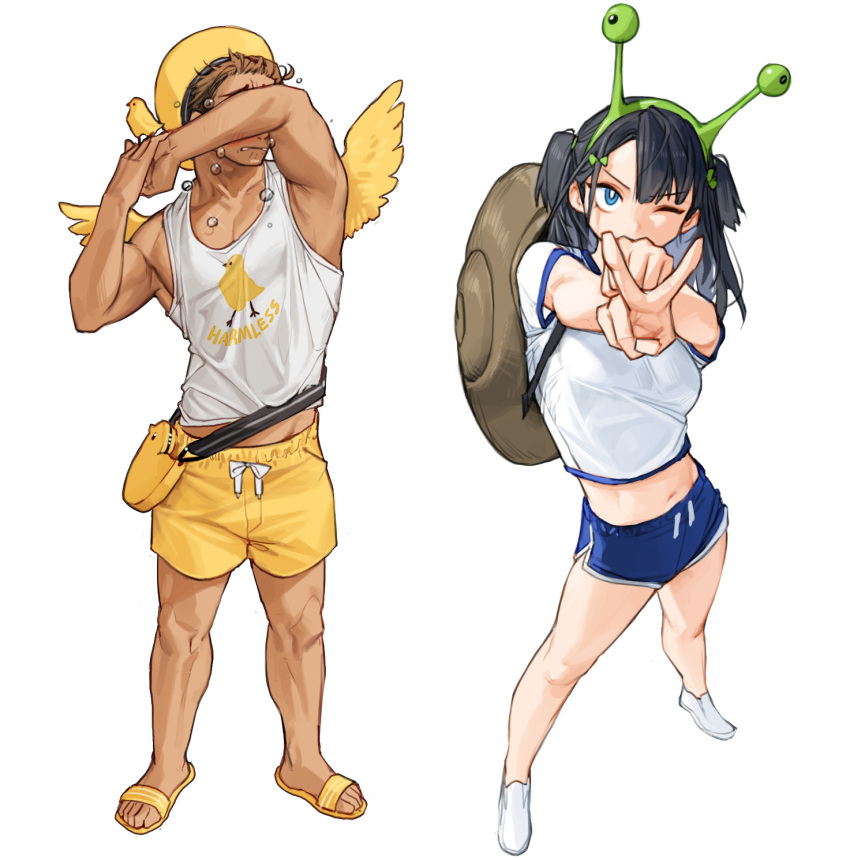 1boy, 1girl, bare_legs, biceps, black_hair, blue_eyes, blue_shorts, breasts, bright_pupils, clenched_hand, feathered_wings, hairband, highres, long_hair, medium_breasts, midriff, muscular, muscular_male, navel, one_eye_closed, original, pectorals, print_tank_top, rinotuna, sandals, shirt, shoes, shorts, simple_background, snail_costume, tank_top, tears, v, white_background, white_footwear, white_pupils, white_shirt, white_tank_top, wings, yellow_footwear, yellow_headwear, yellow_wings