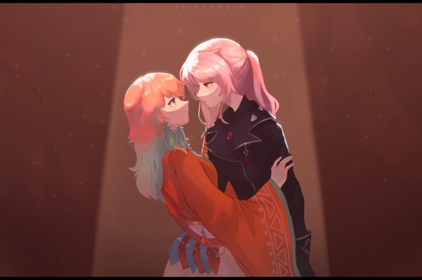 2girls, alternate_costume, bangs, closed_mouth, couple, earrings, eye_contact, face-to-face