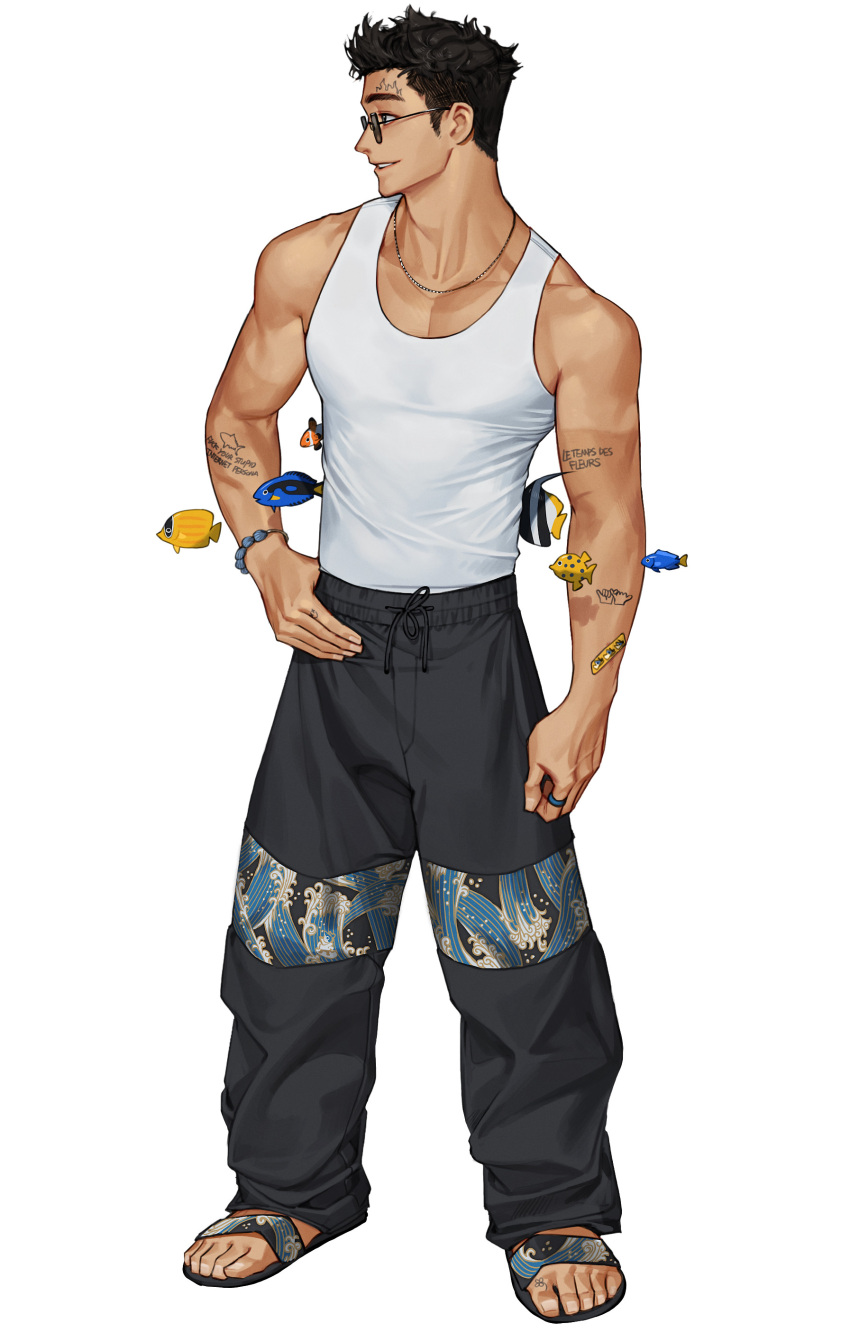 1boy, absurdres, biceps, black_hair, black_pants, clownfish, fish_request, full_body