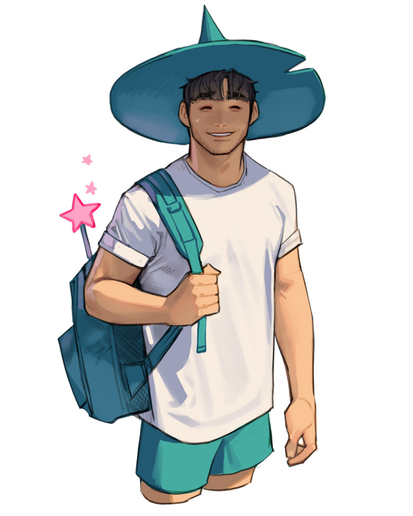 1boy, aqua_bag, aqua_shorts, backpack, bag, cowboy_shot, cropped_legs, highres, original, rinotuna, shirt, short_sleeves, shorts, simple_background, solo, star_(symbol), wand, white_background, white_shirt