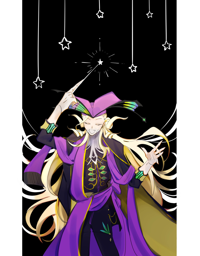 1boy, absurdres, arm_up, baton_(conducting), black_background, blonde_hair, cape, closed_eyes, curly_hair, fang, fate/grand_order, fate_(series), fingernails, hat, highres, kittchi_(kmmr_004), long_hair, long_sleeves, male_focus, open_mouth, pillarboxed, purple_headwear, sharp_fingernails, simple_background, smile, solo, star_(symbol), very_long_hair, wolfgang_amadeus_mozart_(fate)