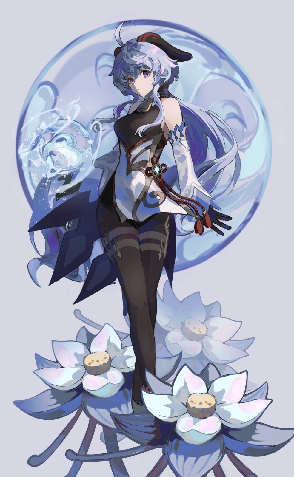 1girl, aco_gbfg, ahoge, bangs, bare_shoulders, bell, black_gloves, blue_hair