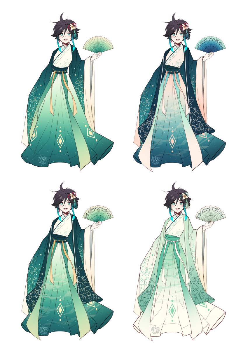 1boy, absurdres, androgynous, bangs, black_hair, blue_hair, blush, braid