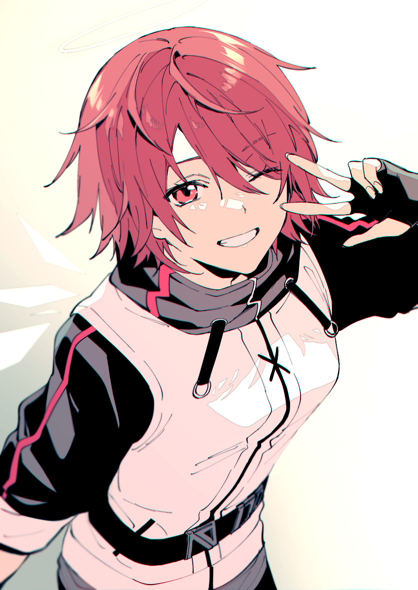 1girl, :d, arknights, bangs, black_gloves, exusiai_(arknights), fingerless_gloves, fingernails, gloves, grin, highres, jacket, looking_at_viewer, one_eye_closed, open_mouth, red_eyes, redhead, short_hair, short_sleeves, smile, solo, teeth, toriyoshi, v, white_jacket, wings