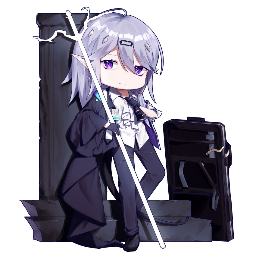 1boy, absurdres, arknights, bangs, black_coat, black_footwear, black_pants, chibi