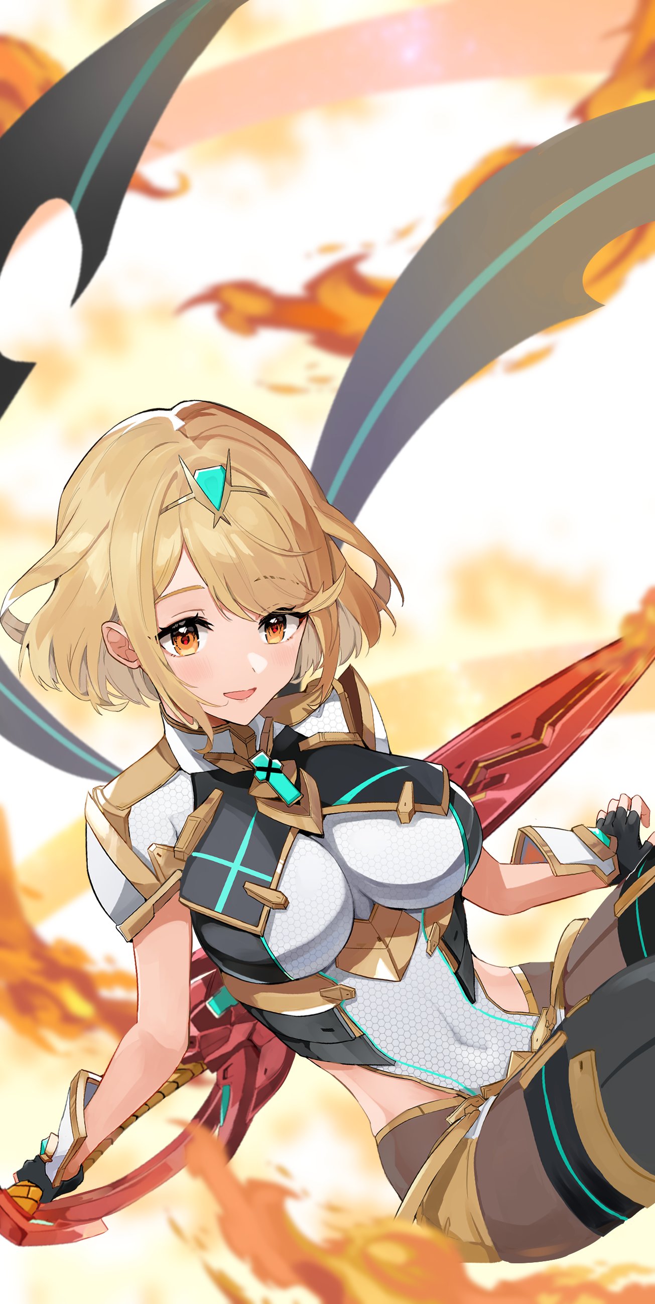 1girl, absurdres, alternate_color, alternate_eye_color, alternate_hair_color, bangs, black_gloves, blonde_hair, bodysuit, breasts, chest_jewel, color_switch, earrings, fingerless_gloves, gem, gloves, headpiece, highres, inuisbink, jewelry, large_breasts, mythra_(xenoblade), official_alternate_hair_color, pyra_(xenoblade), short_hair, short_shorts, shorts, swept_bangs, tiara, xenoblade_chronicles_(series), xenoblade_chronicles_2, yellow_eyes