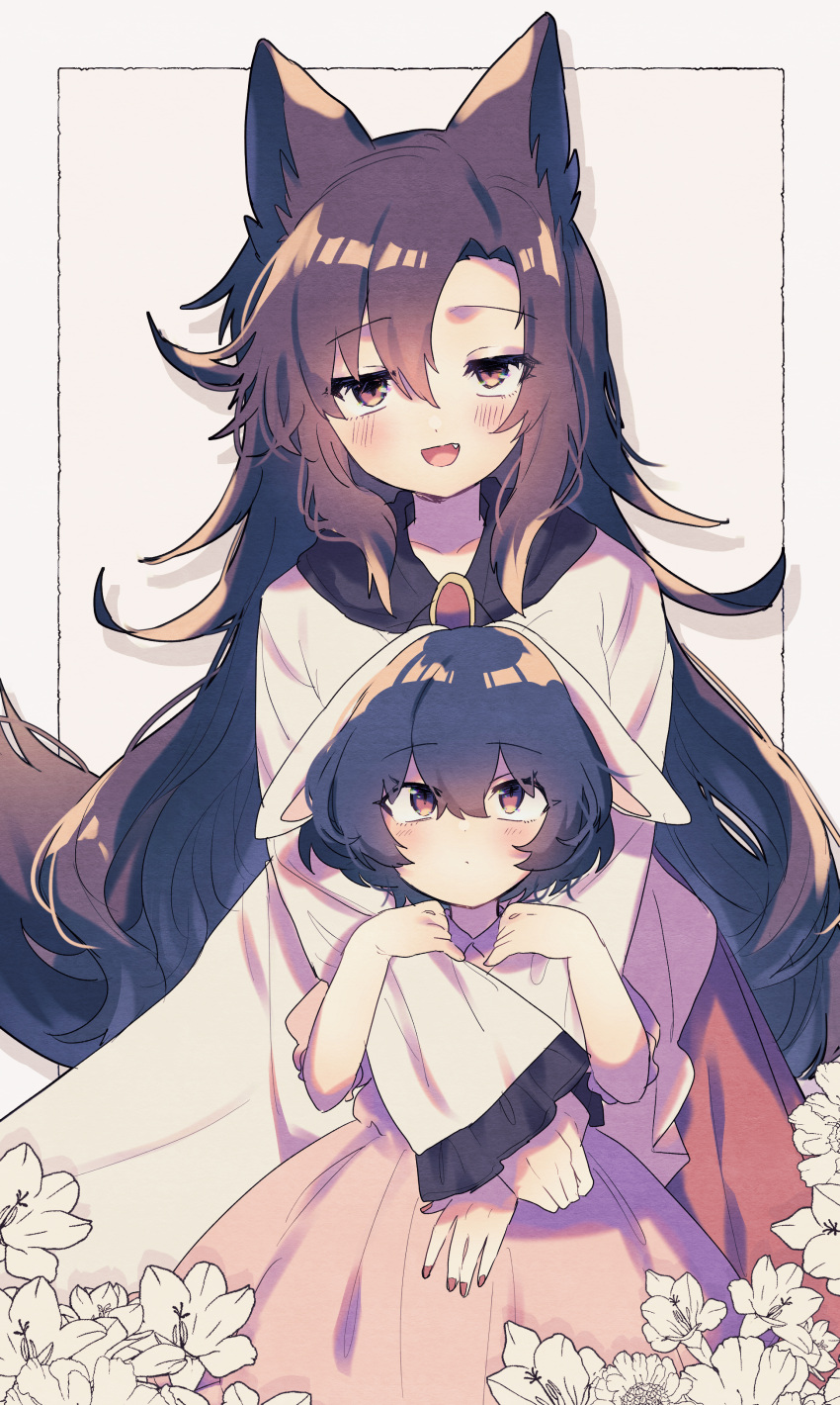 2girls, :d, absurdres, animal_ears, bangs, black_hair, blush, brooch
