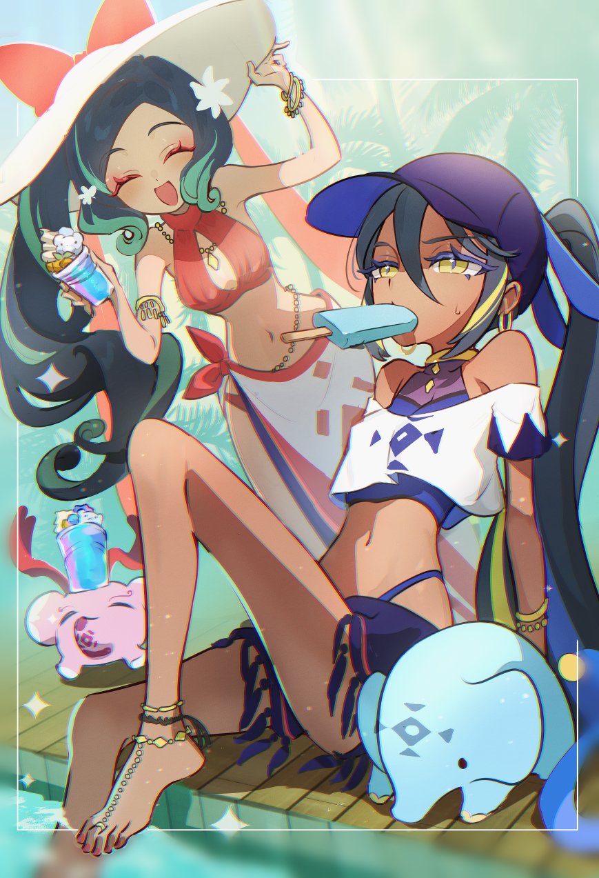 2girls, alternate_costume, baseball_cap, bikini, black_hair, bow, bracelet, closed_eyes