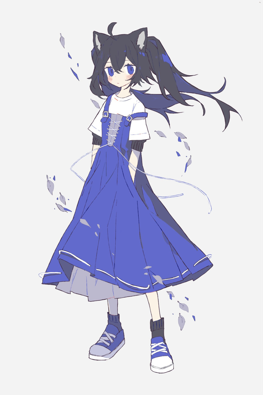 1girl, ahoge, animal_ears, ankle_socks, bangs, black_hair, black_socks, black_sweater, blue_dress, blue_eyes, blue_footwear, blush, cat_ears, commentary, cross-laced_dress, crossed_bangs, dress, english_commentary, falling_leaves, floating_clothes, floating_hair, grey_background, hair_between_eyes, hands_in_pockets, highres, layered_clothes, leaf, looking_at_viewer, melan_(melanbread), melanbread, original, parted_lips, ribbon-trimmed_dress, shirt, shoes, simple_background, sneakers, socks, solo, suspenders, sweater, twintails, white_shirt