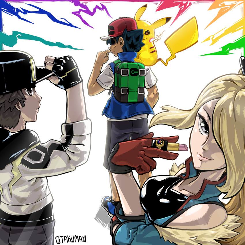 1girl, 2boys, absurdres, ash_ketchum, backpack, bag, baseball_cap, black_hair