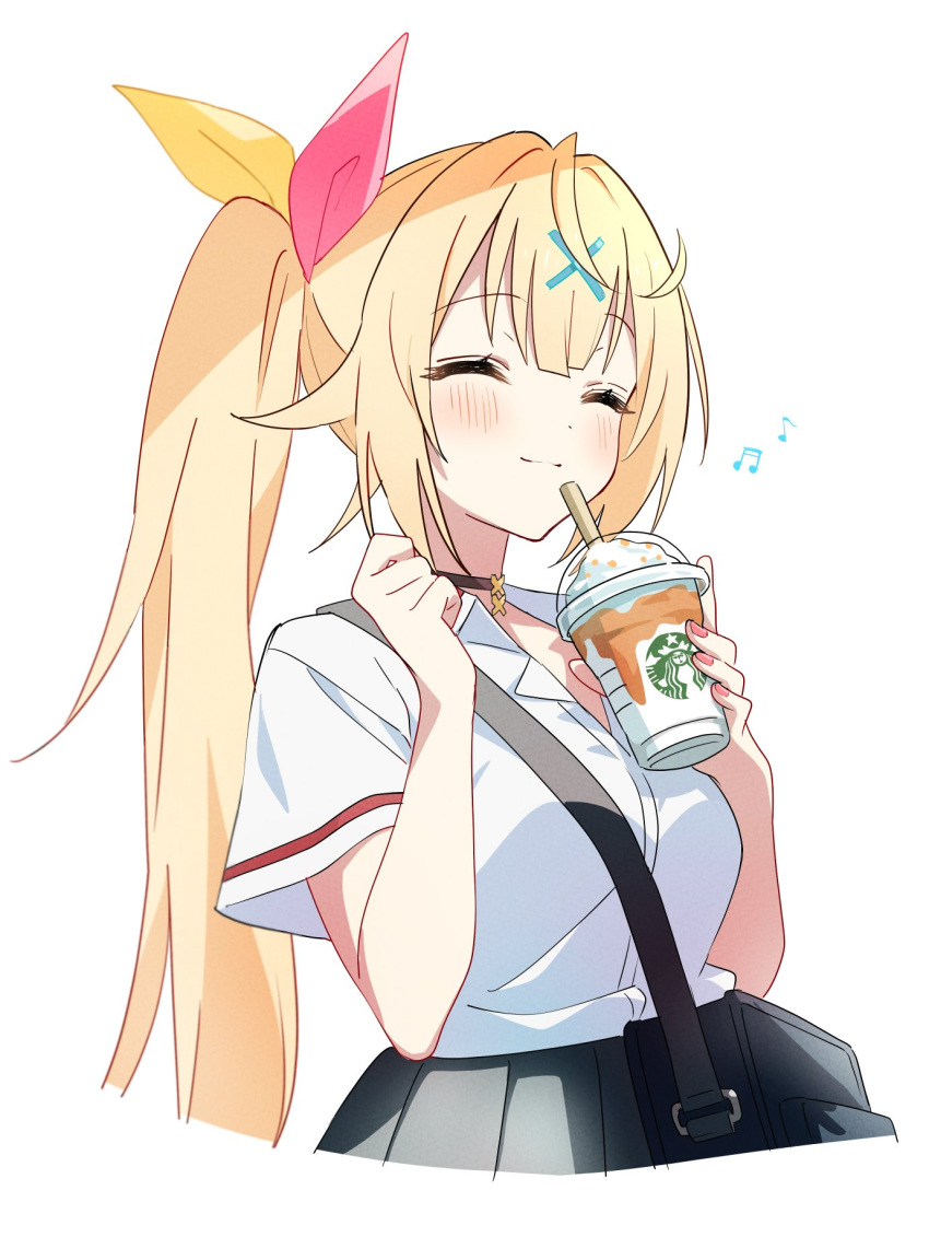 1girl, ahoge, bag, blonde_hair, blush, choker, closed_eyes, drinking_straw