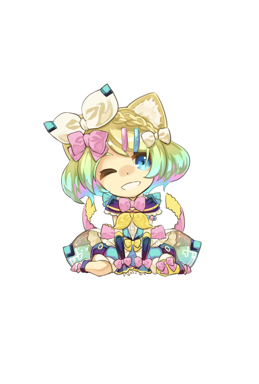 1girl, animal_ears, arm_support, azuma_kazamori, black_sleeves, blonde_hair, blue_bow, blue_hair, bow, braid, cat_ears, cat_girl, chibi, colored_inner_hair, detached_sleeves, grin, hair_bow, head_tilt, highres, kagamine_rin, kemonomimi_mode, looking_at_viewer, magical_mirai_(vocaloid), magical_mirai_rin_(2018), multicolored_hair, on_ground, one_eye_closed, pink_bow, simple_background, sitting, sleeves_past_wrists, smile, solo, vocaloid, wariza, white_background, white_bow, yellow_bow