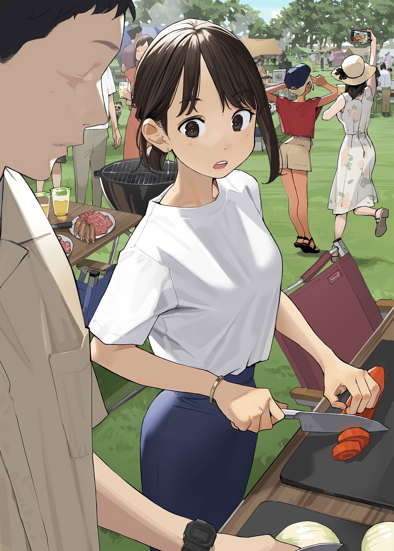 1boy, 3girls, alcohol, barbecue, blue_skirt, bracelet, brown_eyes, brown_hair
