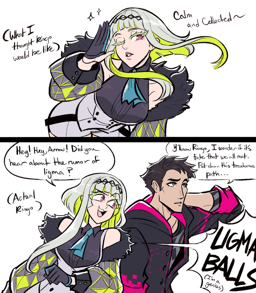 1boy, 1girl, absurdres, arrow_(soul_hackers_2), ascot, bangs, black_gloves, black_hair