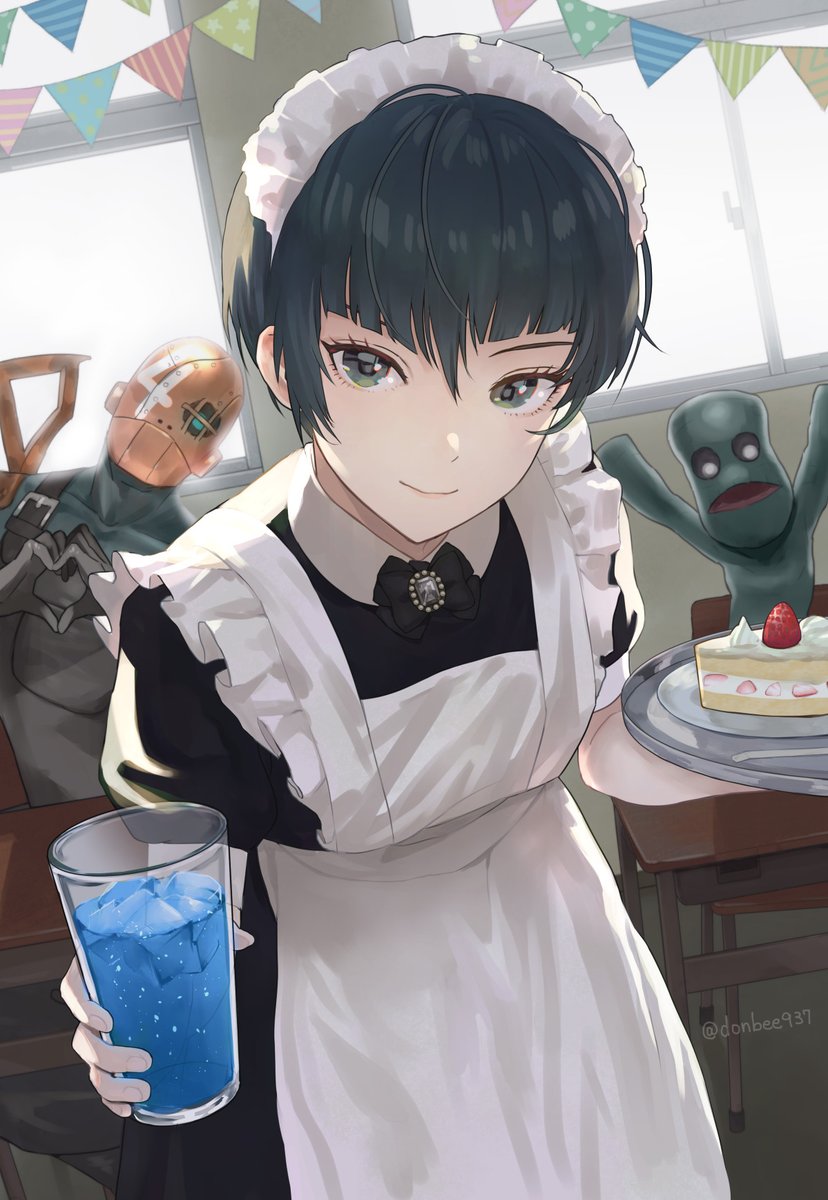 1boy, 2others, alternate_costume, androgynous, apron, arms_up, bangs, black_dress